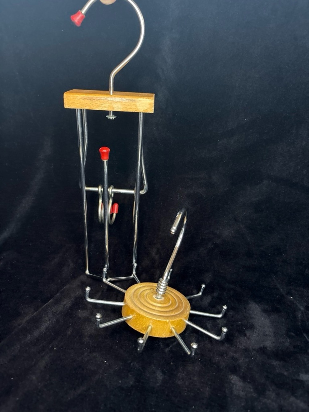 VTG Mid-Century Wood Wire Tie Belt Rack Hanger Set OS BRN Red Accent Mid Modern